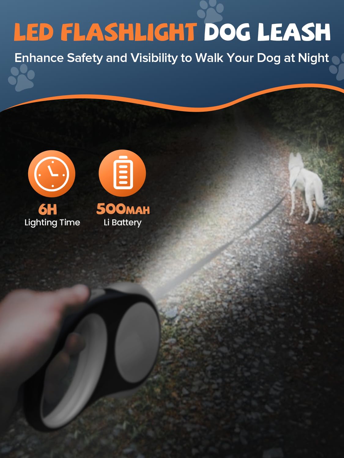 Douexio Retractable Dog Leash with LED Flashlight, 16ft/26ft, Anti-Slip Handle, for Small Medium Dogs, White, Model QY004