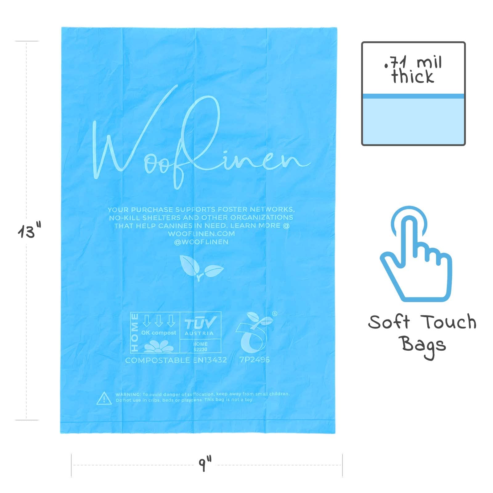Wooflinen 100% Compostable Dog Poop Bags - En13432 Home Compost Certified Dog Waste Bags, 120 Count (8 Rolls) - Easy Open - Larg
