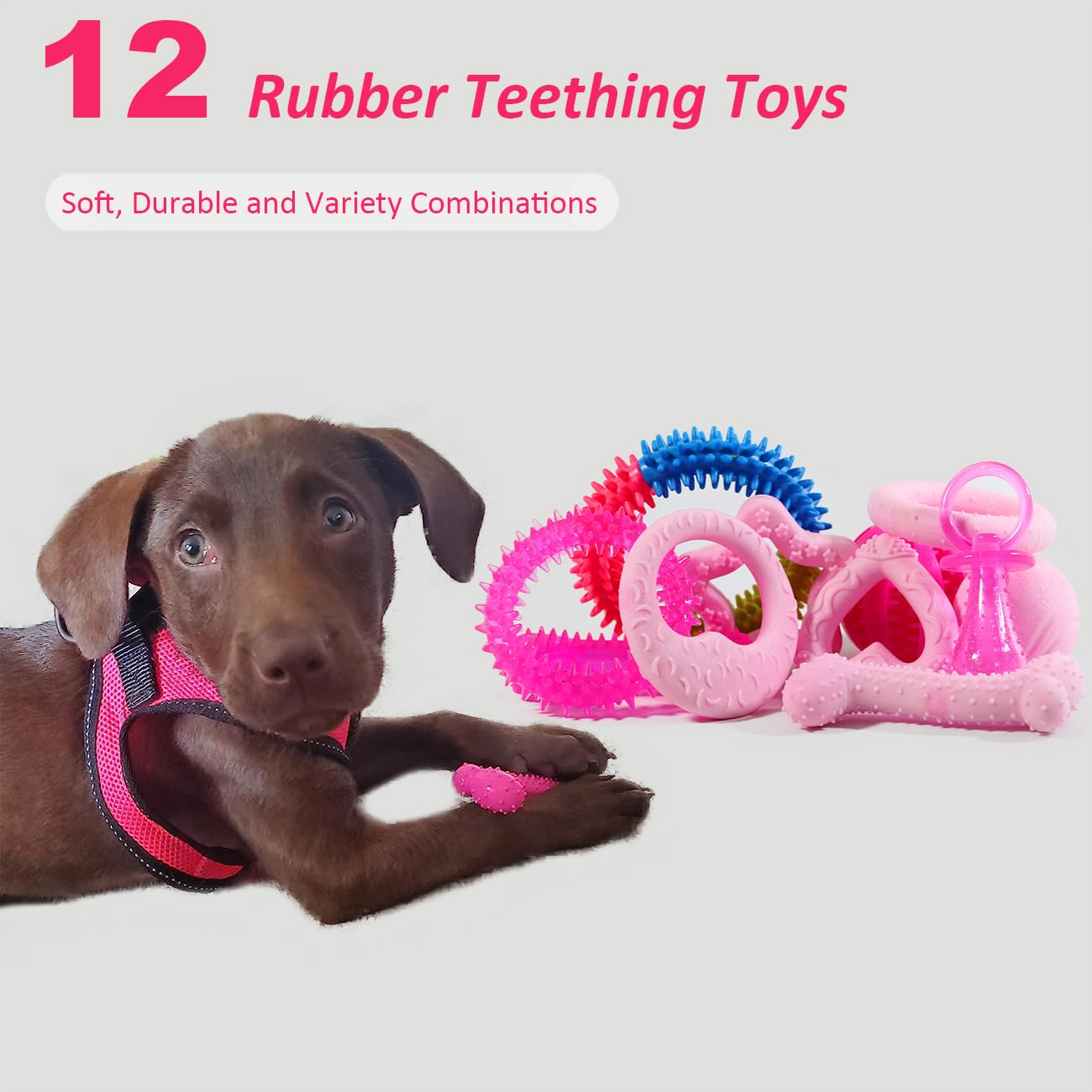 PawsAion Puppy Toys Set - 20 Pack Pink Dog Chew Toys for Teething Small Breeds - Tough Rope Toys for Puppies, Cute Soft Rubber T