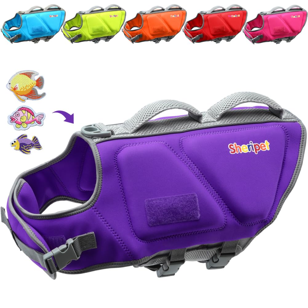 Sheripet Dog Life Jacket For Large Dogs, Dog Life Vest For Swimming With Three Fashion Fabric Patches, Pet Life Preserver With R