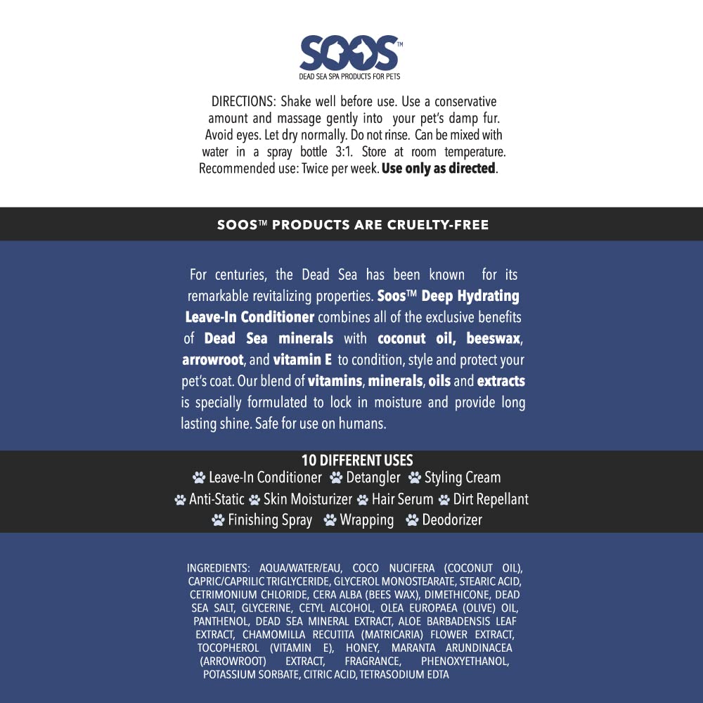 Soos Pets Natural Dead Sea Deep Hydrating Leave-In Conditioner, 250 Ml/8.45 Oz.