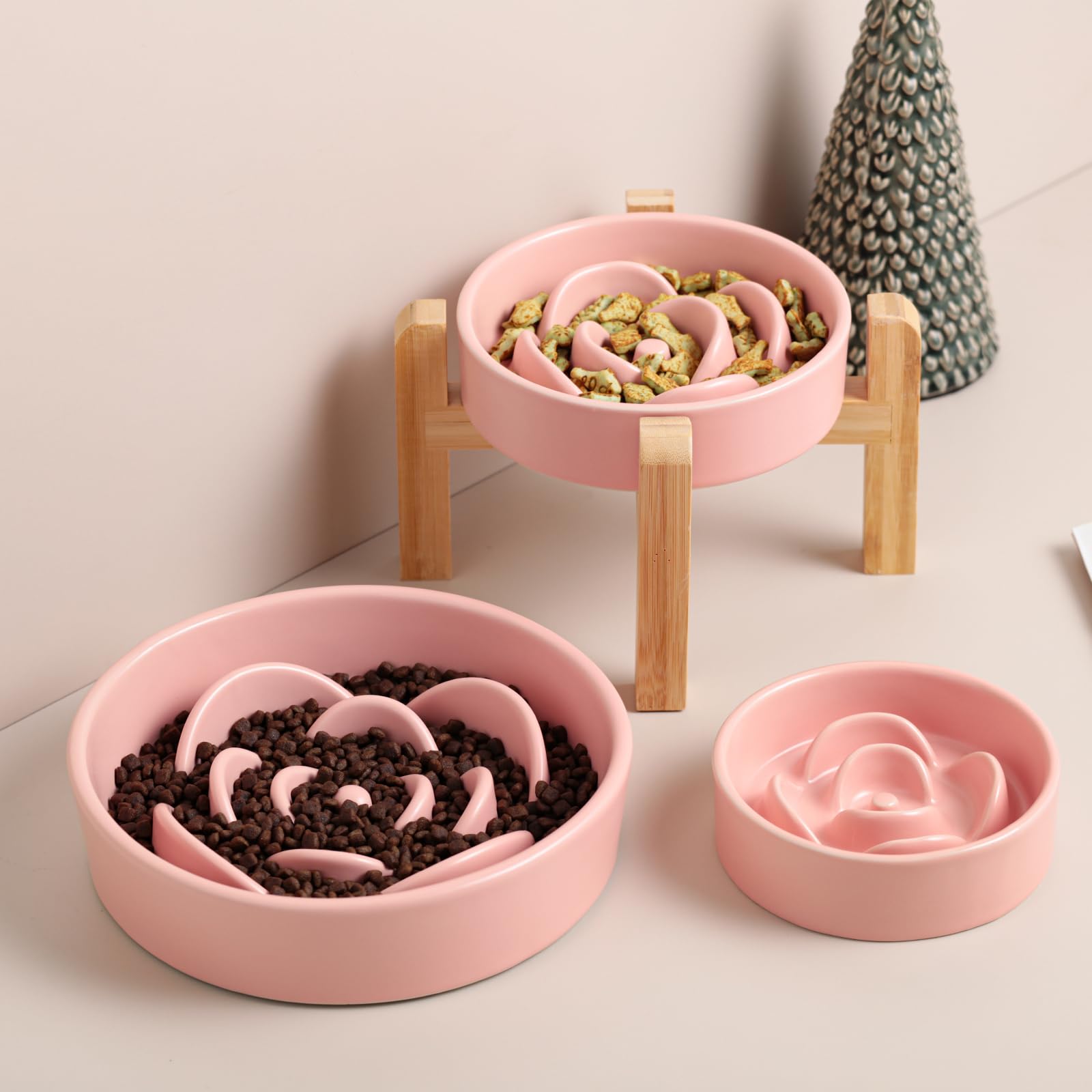 Pink Ceramic Dog Bowl Slow Feeder for Medium and Large Breed,Elevated/Raised 1.5 Cup 8.26 in Slow Feeding Bowl,Puzzle Dog Food B