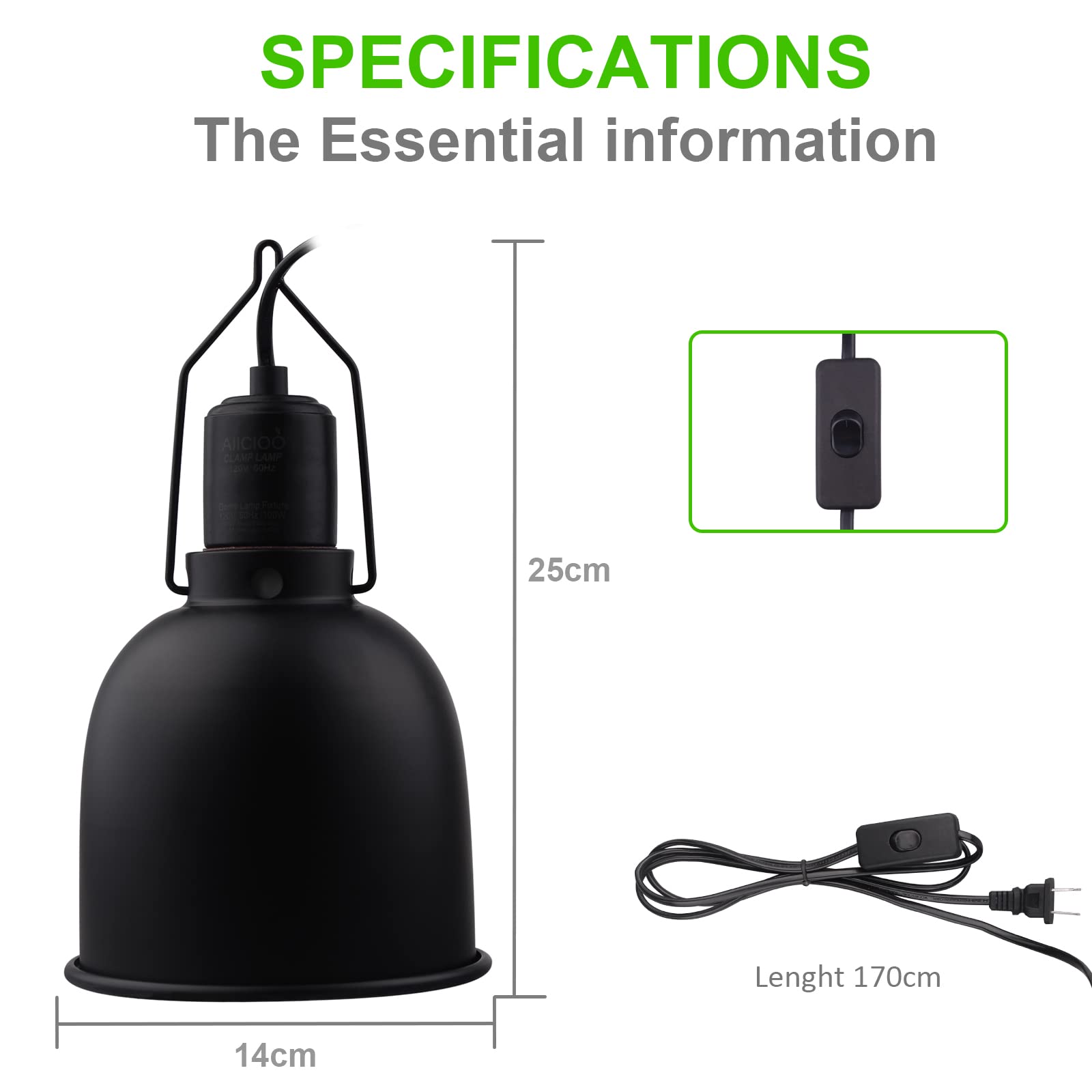 Aiicioo Reptile Light Fixture - Deep Light Dome 5.5Inch Uvb Reptile Heat Lamp Reptile Light Fixture Max 100W Tortoise Leopard Ge