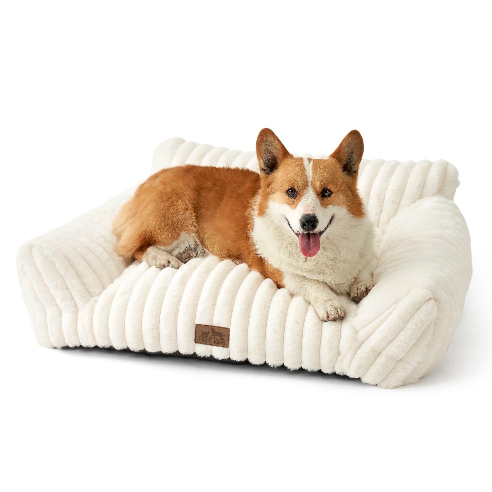 COZY KISS Cute Cat Couch, Premium Plush Faux Fur Pet Couch Bed, Ultra-Soft Pet Furniture for Cats & Small Dogs (Cream, M: 31.5