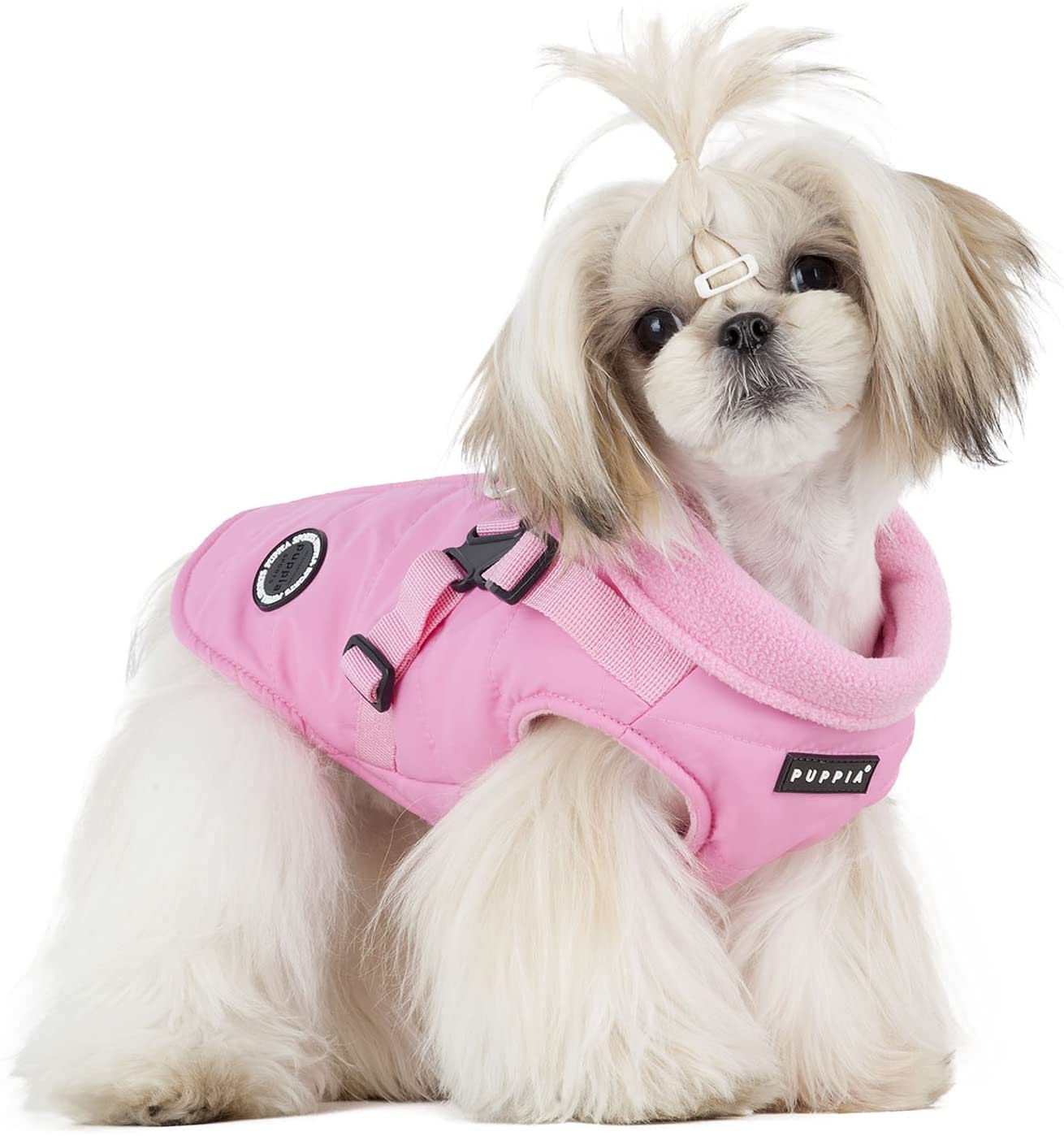 Puppia Mountaineer Winter Dog Coat With Integrated Harness No Pull Cold Weather Waterproof Warm Fleece Back Zipper For Small & Medium Dog, Pink, X-Large
