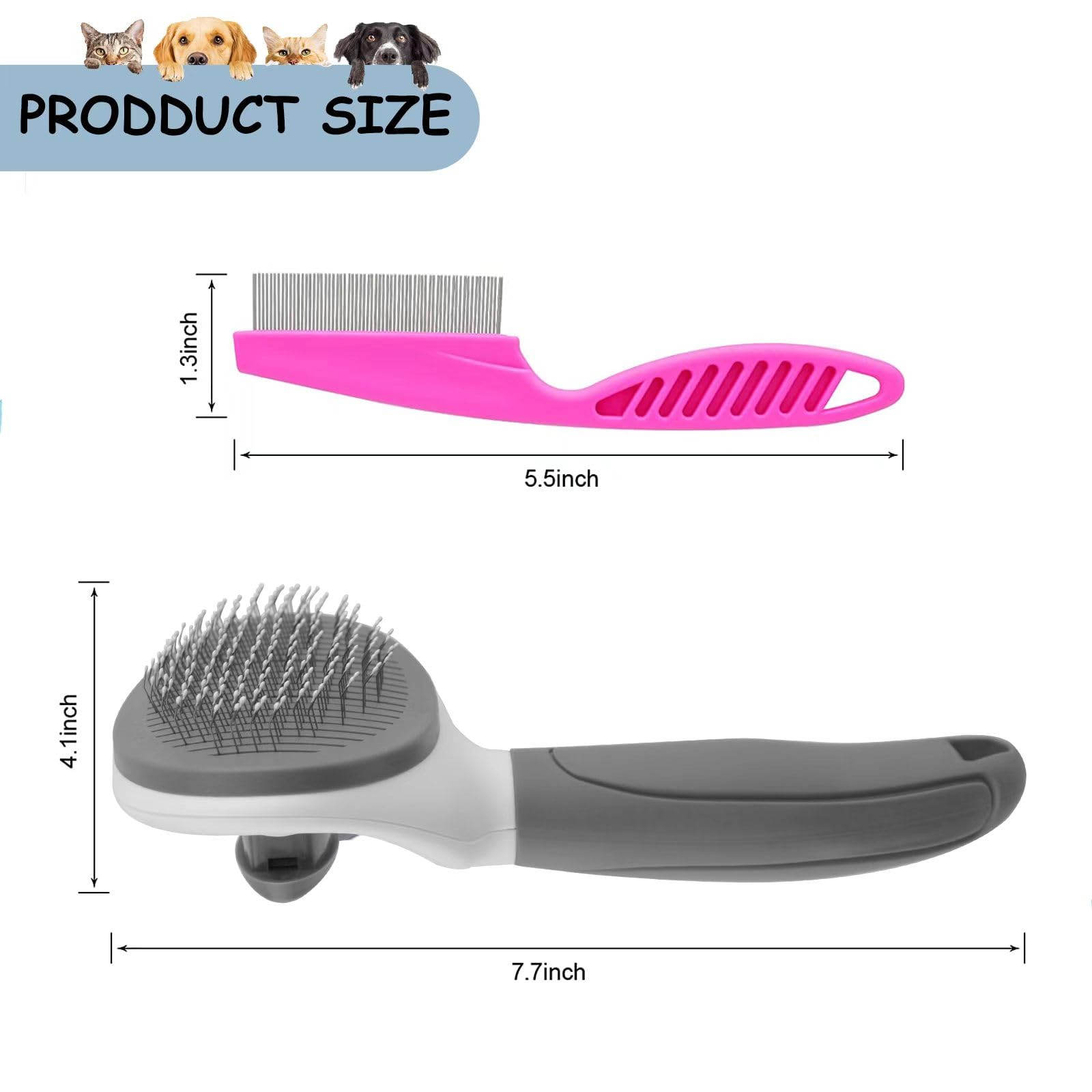 Cat Brushes For Indoor Cats, Dog Brush For Shedding With Metal Cat Comb, Self Cleaning Pet Hair Brush With Release Button For Gr