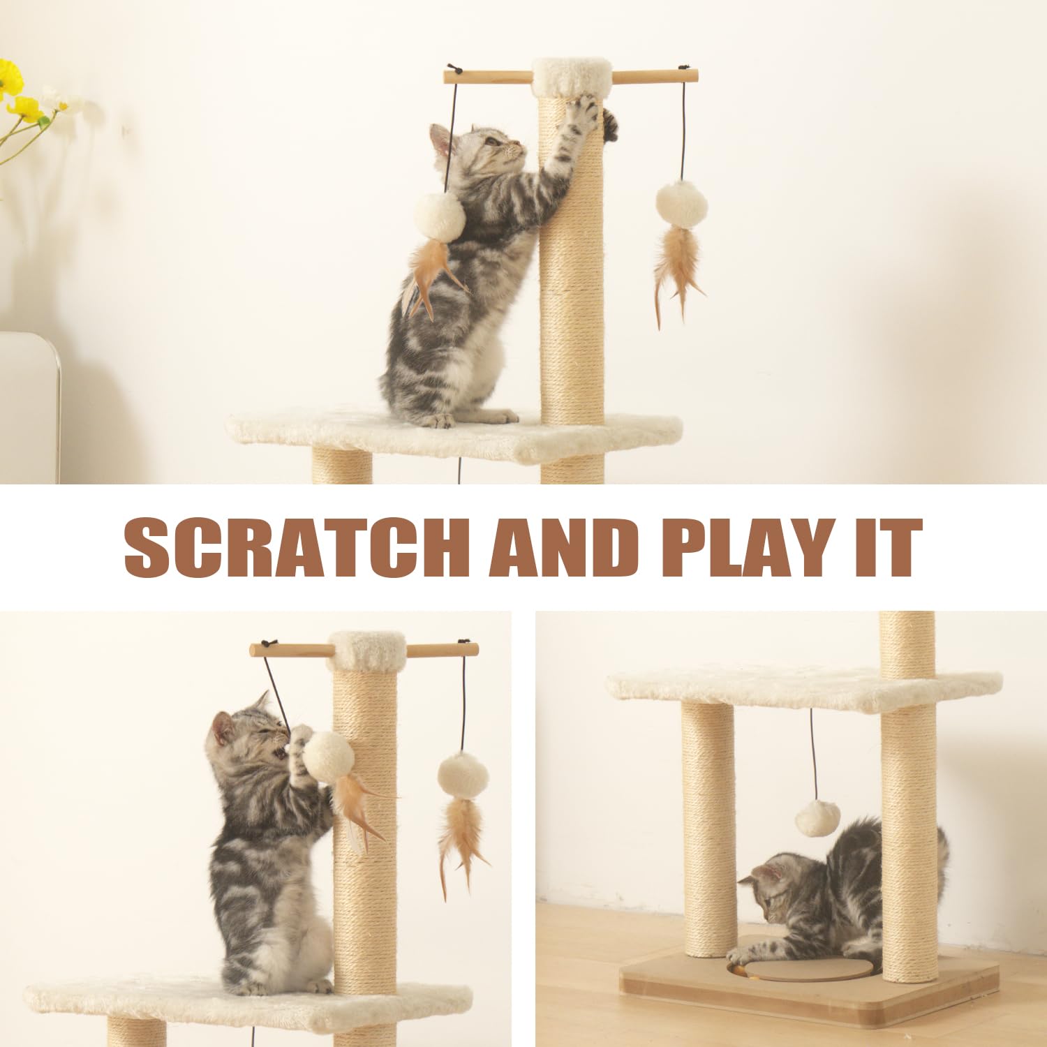 Peekab Cat Scratching Post 31In Tall Sisal Scratch Posts With Perch Tracking Interatcive Toys Vertical Scratcher For Indoor Cats