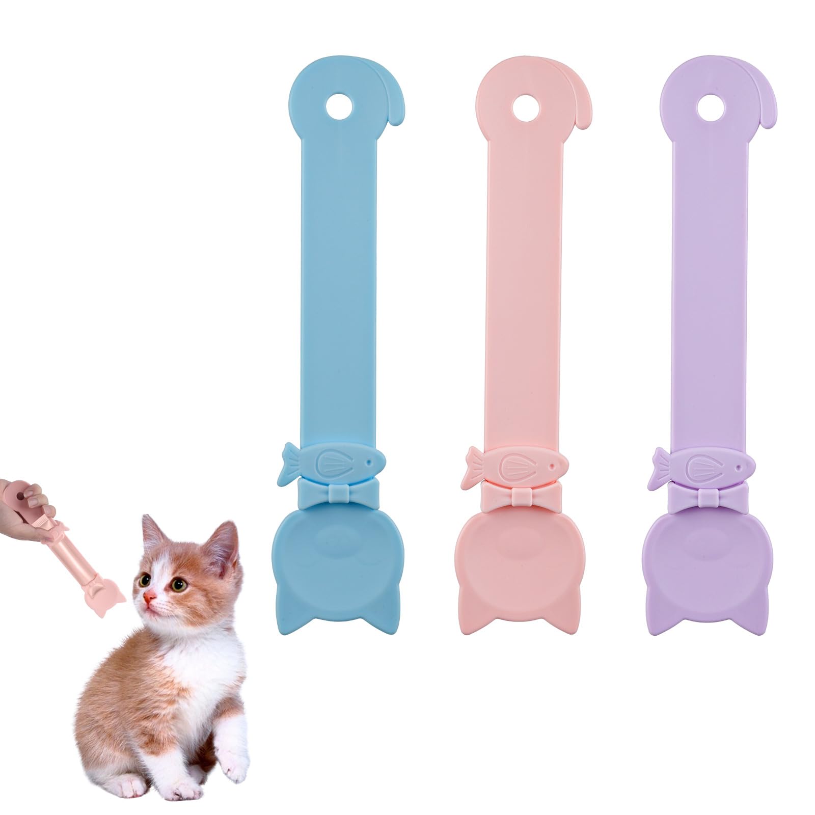 Gosknor 3pcs Cat Strip Feeders, Cute Cat Stripe Squeeze Spoon 3 Colors Cat Treat Feeding Spatula Lickable Wet Food Dispenser for