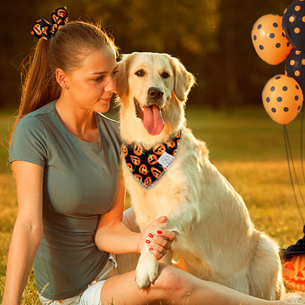 Thanksgiving Dog Bandanas & Matching Scrunchie Set Pumpkin Dog Scarf Kerchiefs Pet Outfit For Medium Large Dogs Owner Mom Orange Black Costumes