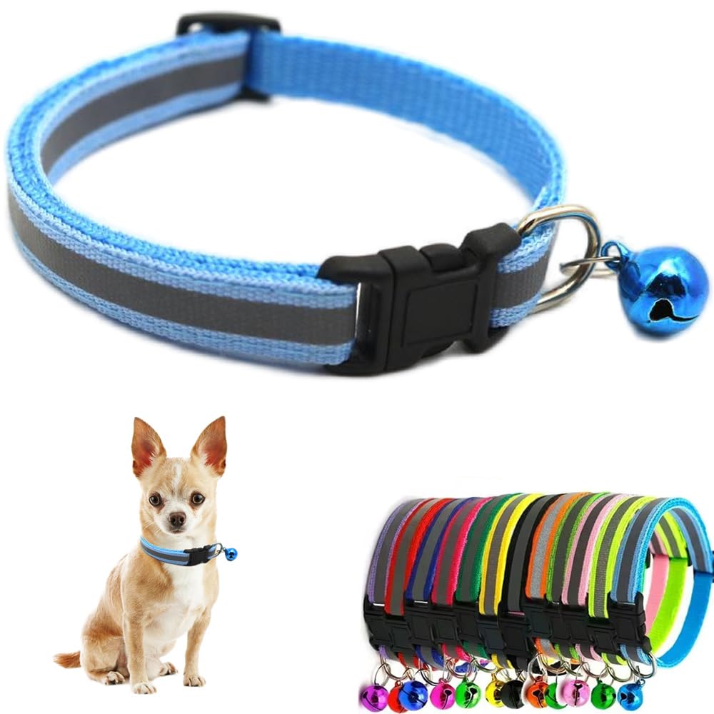 Light Blue Xs Dog Collar With Bell, Reflective Cat Collars Girl Soft Adjustable Buckle For Xxs Xsmall Extra Small Puppy Female M