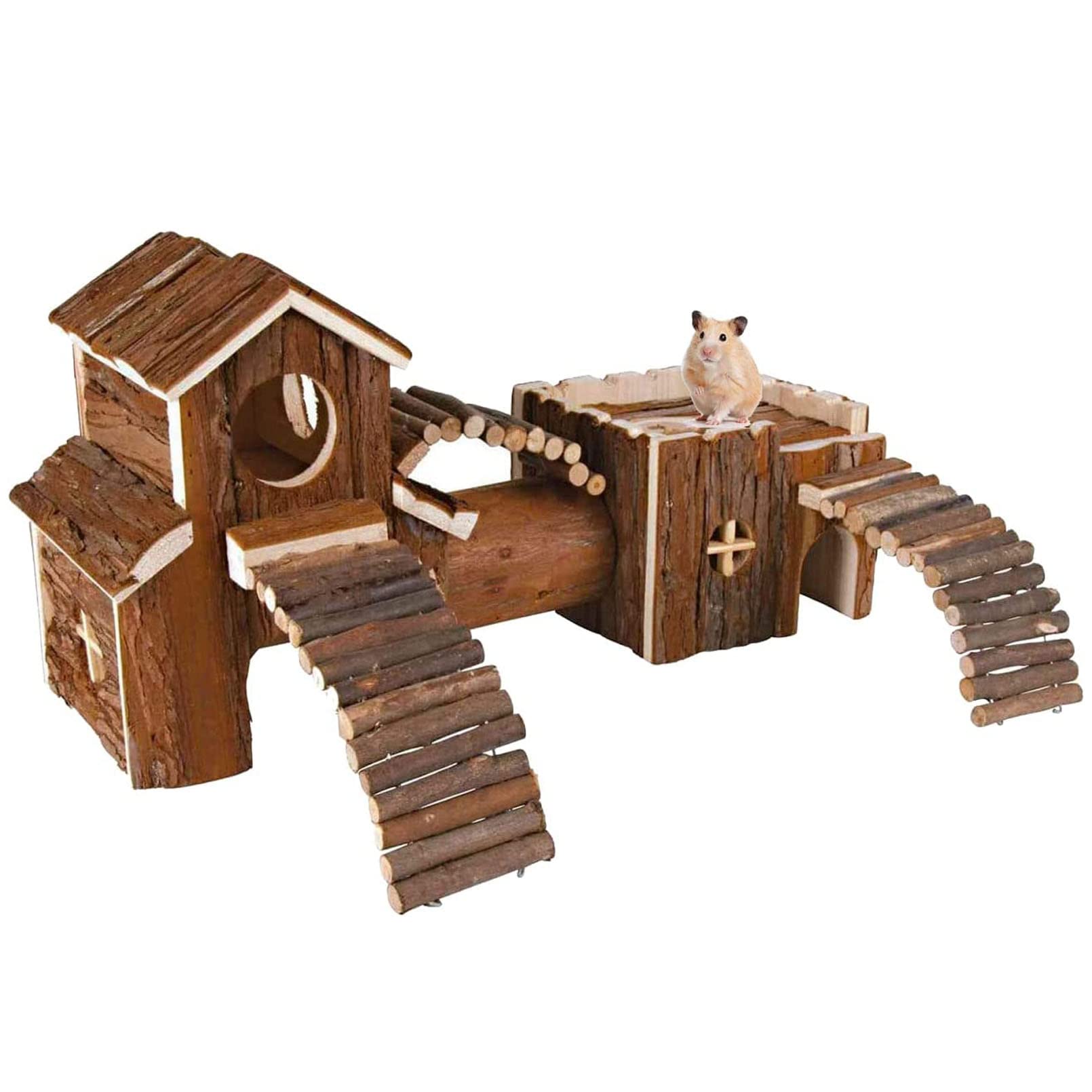 Natural Wooden Hamster Tunnel Playground Small Animal Multi-Room Hideouts Houses With Climbing Ladders & Bridge For Dwarf Hamste