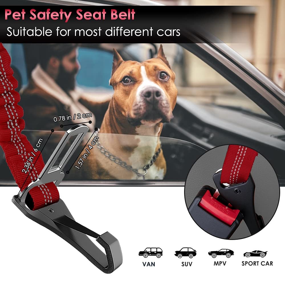 SlowTon Dog Seat Belt, Adjustable 27.55" Nylon Leash, Reflective Red, Model STP38N, Elastic Bungee Buffer for Safety