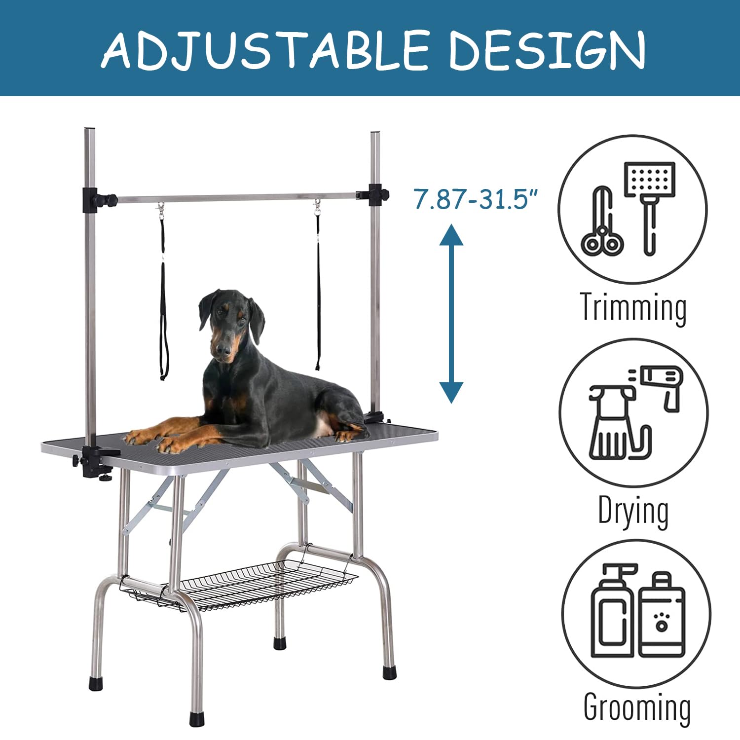 Trodep 36'' Dog Grooming Table Foldable Pet Grooming Tables With Adjustable Arm Noose Storage Mesh Tray Maximum Capacity Up To 3