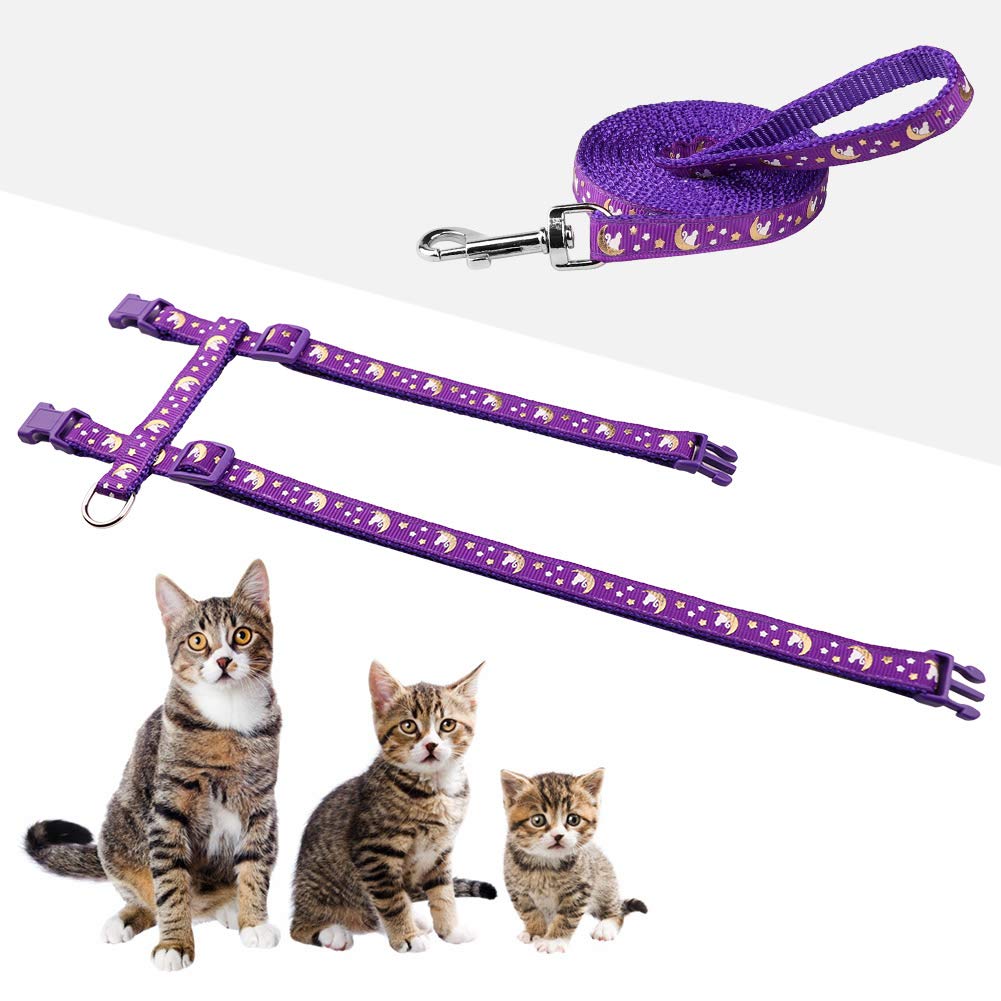 Cat Harness And Leash Set Gold Moons Soft Nylon Escape Proof Adjustable For Kittens Small Animals Glow In The Dark(Purple)