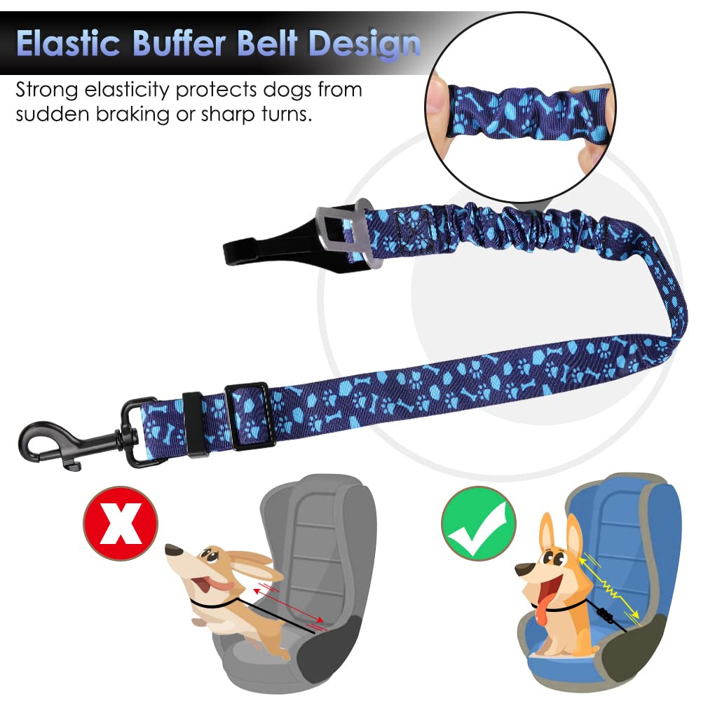 Slowton Dog Seat Belt, Adjustable Dog Safety Belt Leash, 2 In 1 Latch Bar Attachment Dog Car Seatbelt With Elastic Nylon Bungee Buffer, Reflective Nylon Belt Tether Connect To Dog Harness (Bl Dog Paw)
