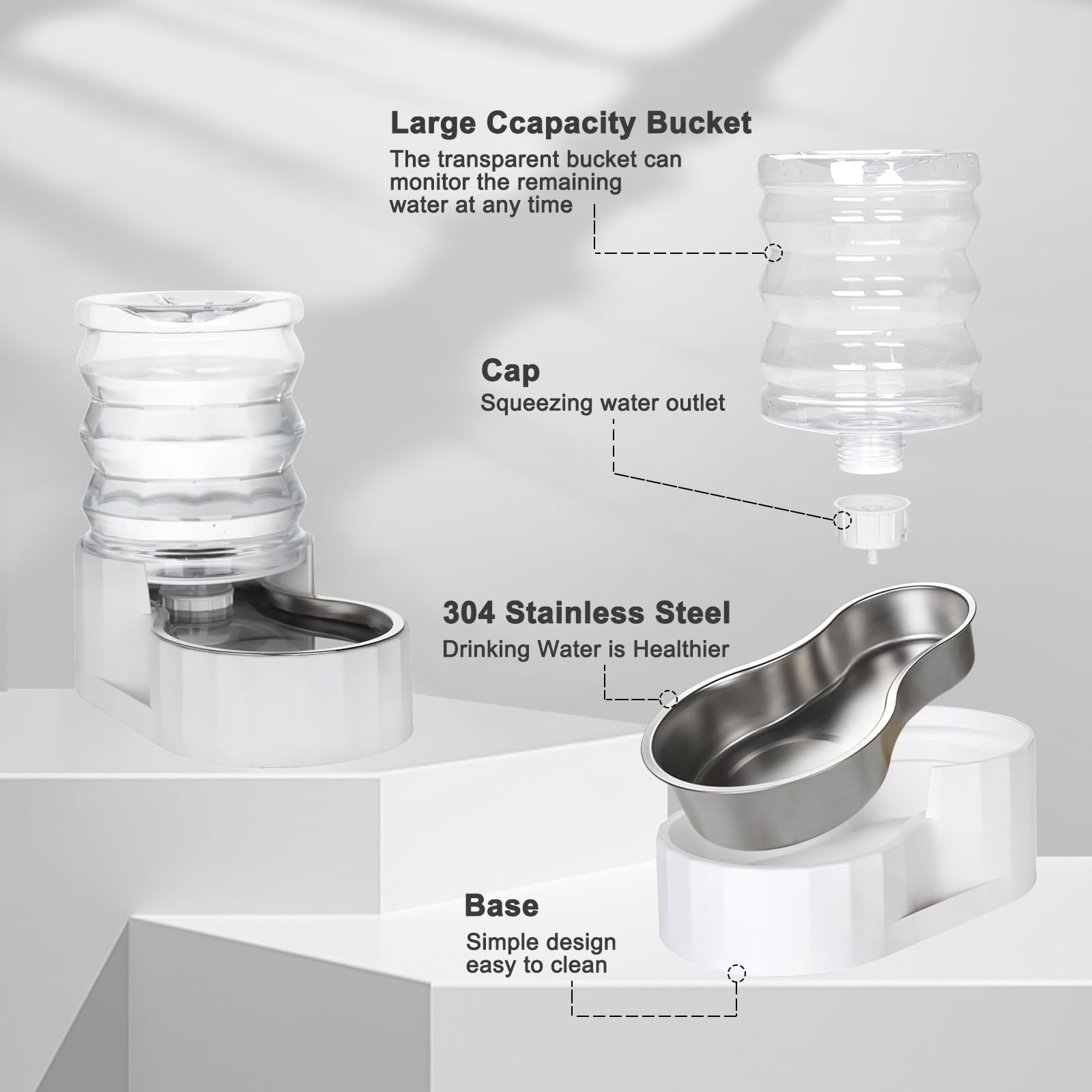 RIZZARI Gravity Water Bowl Dispenser: 4L Automatic Stainless Steel Water Feeder Without Filter - White Pet Waterer for Senior Do