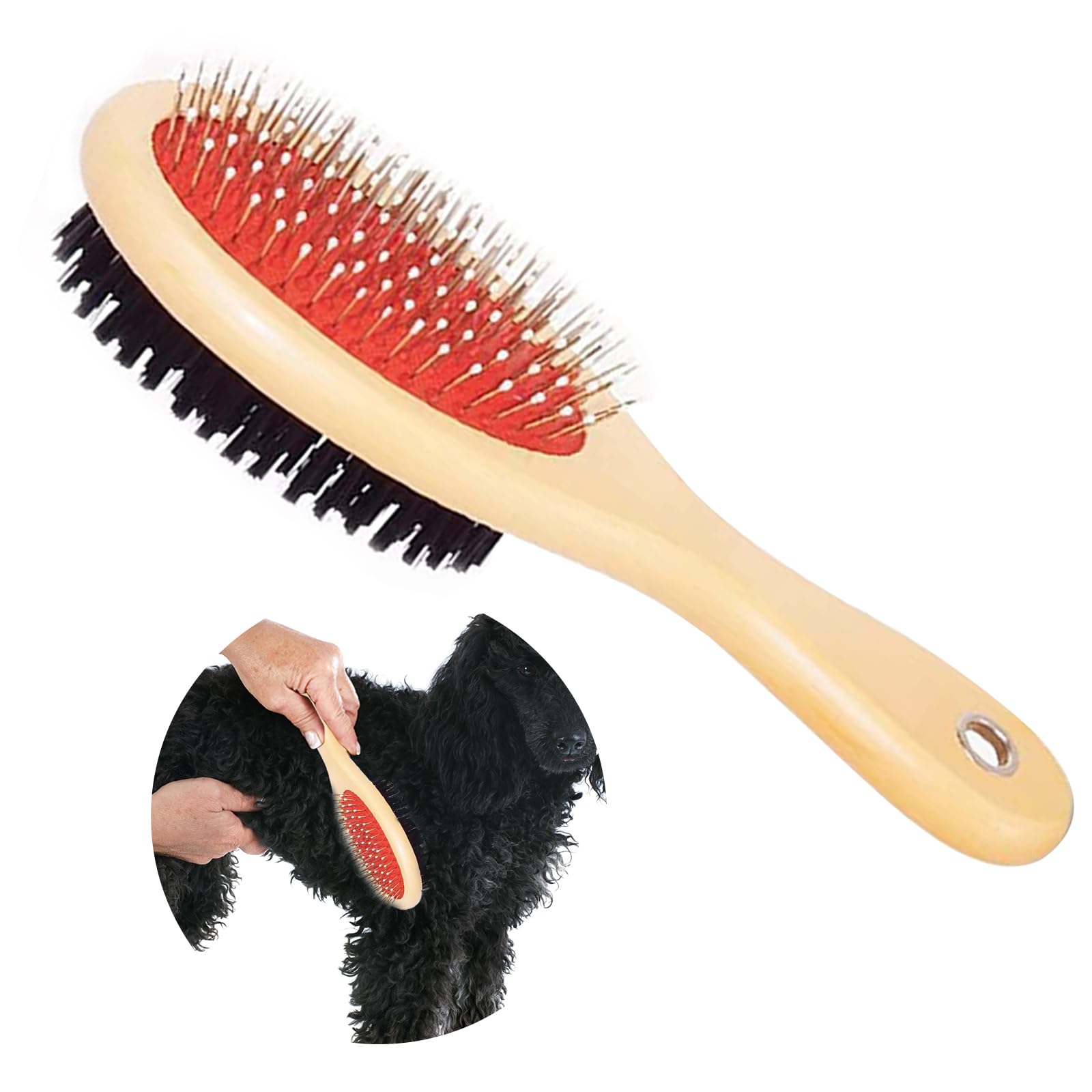 Pups&Pets 2 in 1 DoubleSided Round Shape Hard Bristle Long and Short Hair Wooden Handle Grooming Hair Brush Ideall Fur Shedding