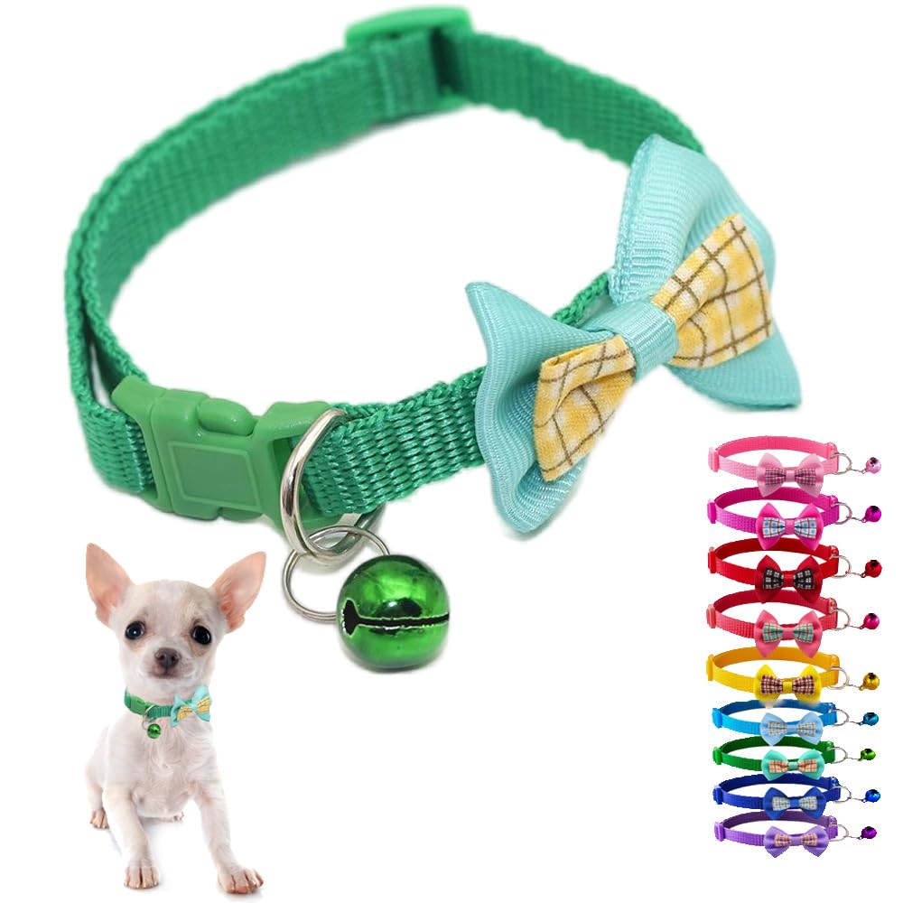 Green Puppy Collar With Bell And Bow Tie, Soft Xs Cat Collars Adjustable Buckle For Xxs Xsmall Extra Small Dogs Female Male Litt
