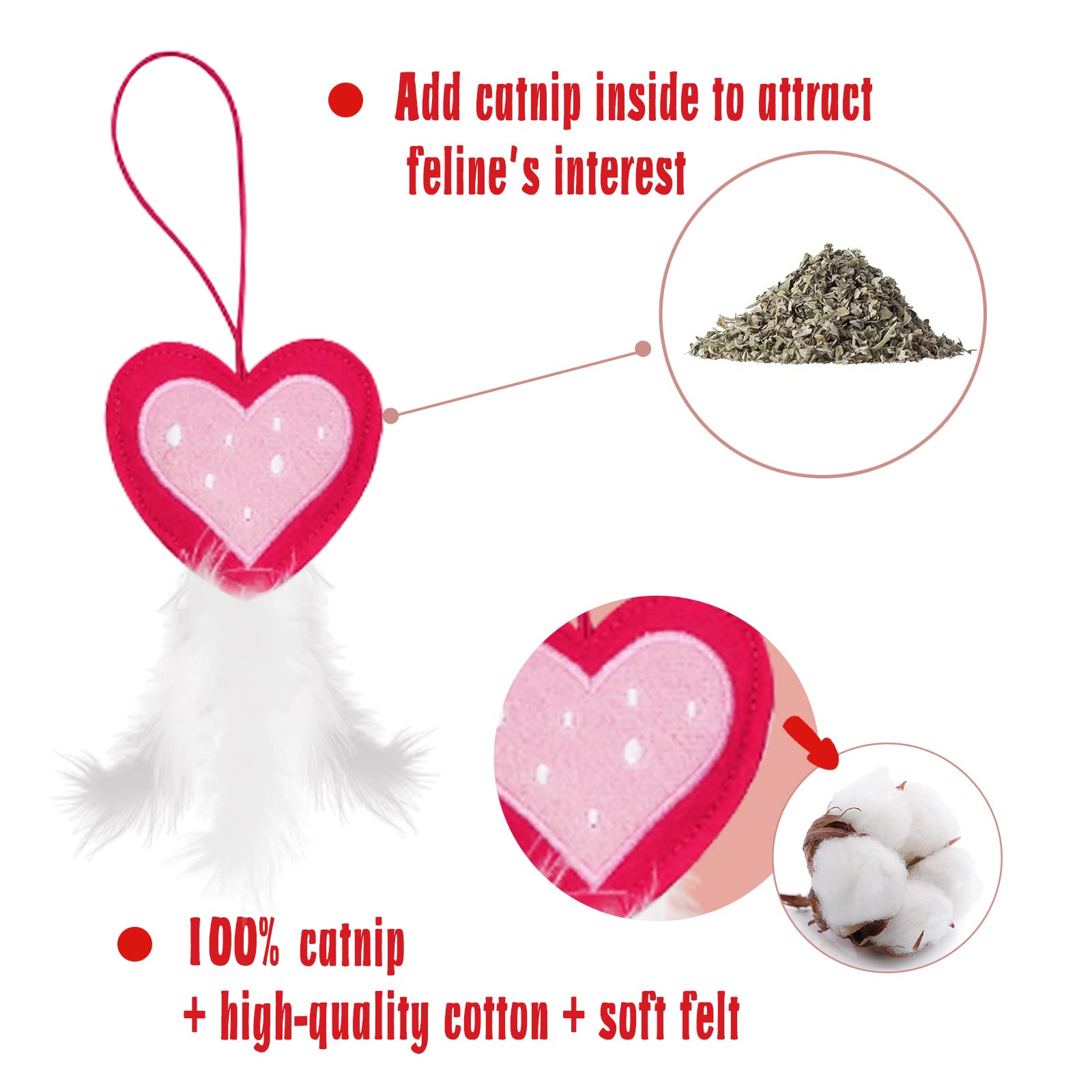 Lepawit Valentine'S Day Cat Toys, 5 Pack Catnip Toys With Feather And Bells, Hanging Cats Teaser Toys, Valentines Day Gifts For