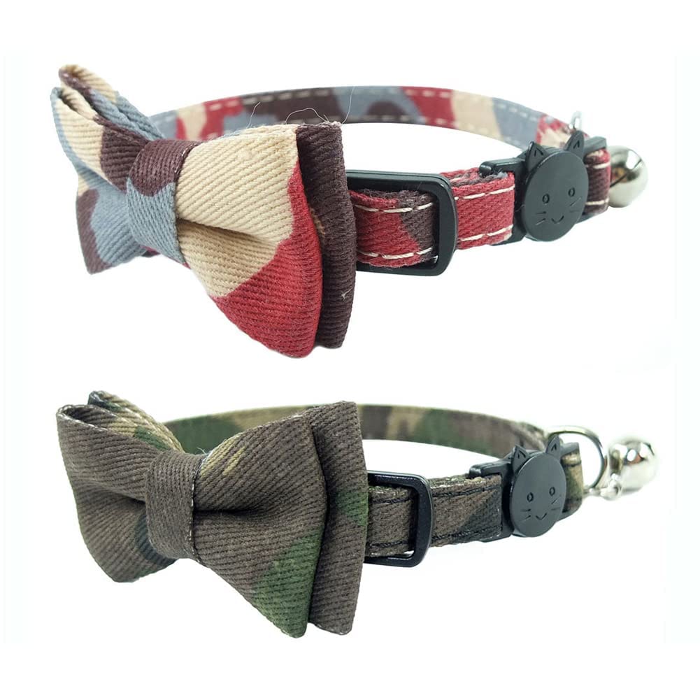 Cat Collar Bowtie With Bell, Quick Release Buckle Safety And Durable Kitties Kittens Cats Breakaway Collar Set Of 2 Pcs(6.8-10.8In) (Camouflage 1&Camouflage 2)