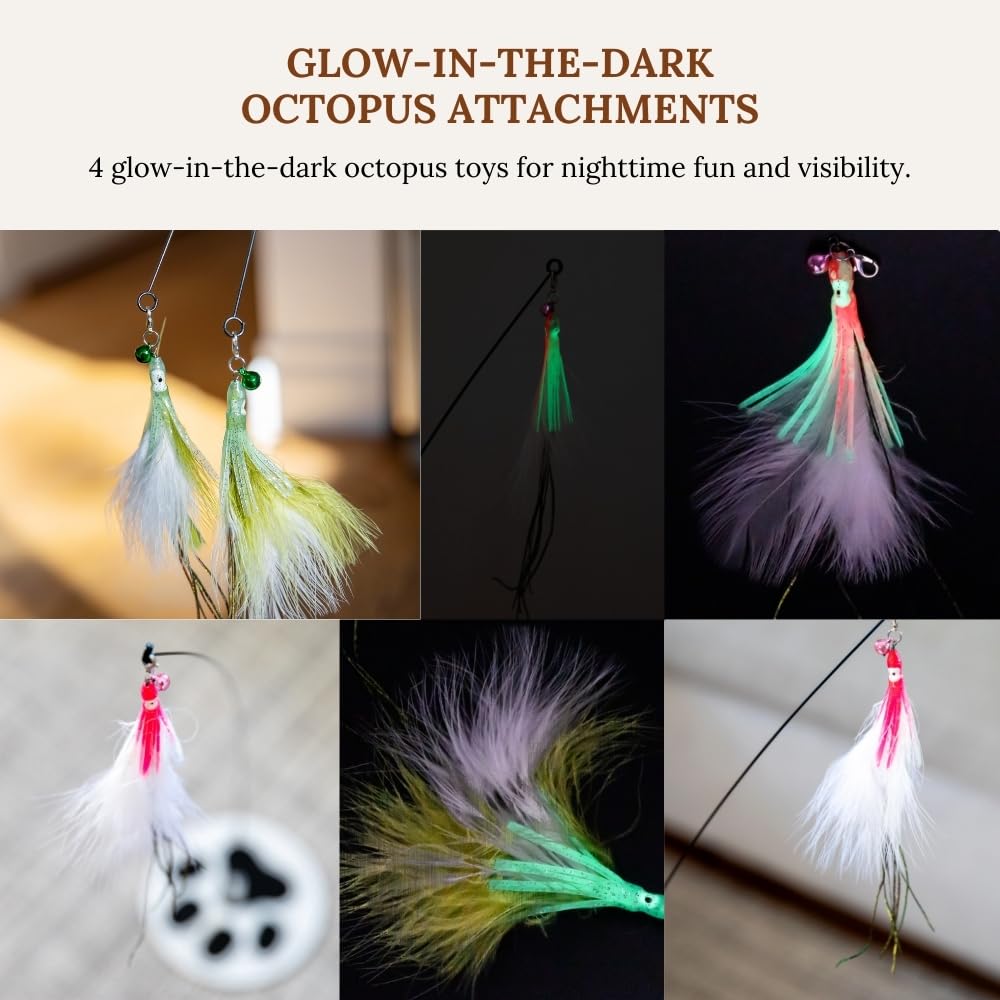 Gadgetsology Cat Wand Toy With Round Base - Interactive Feather & Glow-In-The-Dark Octopus Attachments - Suction Cup Cat Toy For