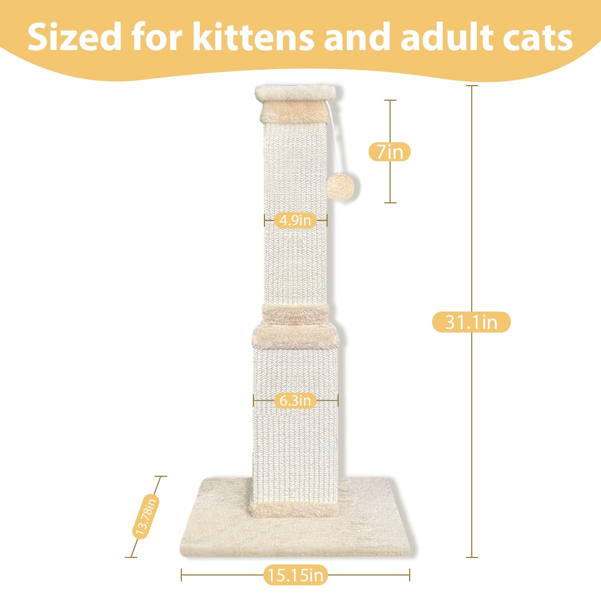 Agym Cat Scratching Post, 32 Inch Cat Scratching Post For Large Cats, Scratching Posts For Indoor Cats Adults, Cat Scratch Post With Nature Sisal, Beige