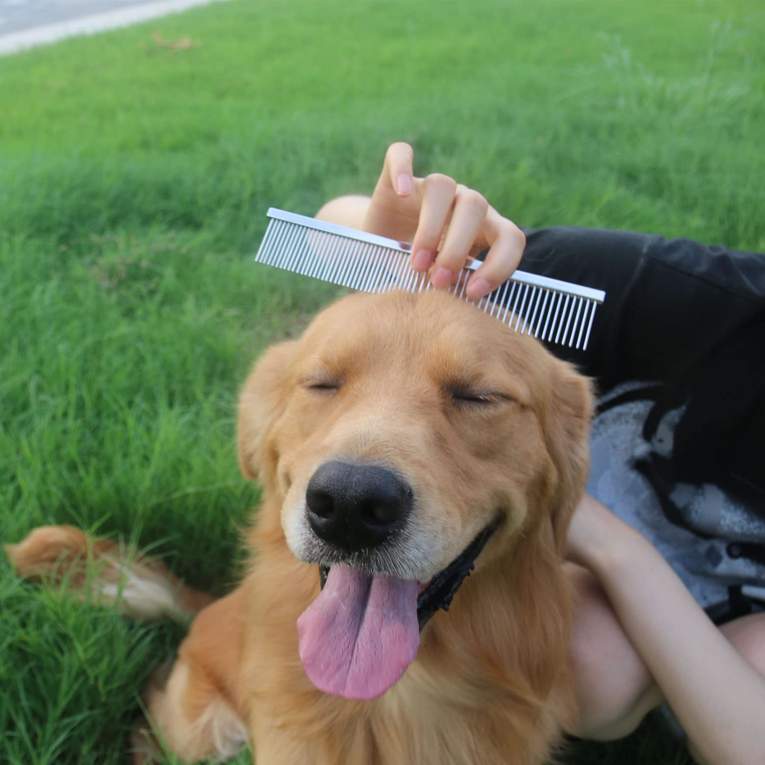 Ropo Dog Comb Tool For Removing Matted Fur - Pet Dematting Comb With Rounded Teeth And Non-Slip Grip Handle - Prevents Knots And Mats For Long And Short Haired Pets (Square Handle, Silver)