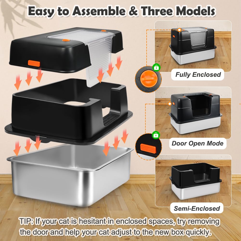 Vivifying Stainless Steel Litter Box, Xl Side Entry Extra Large Litter Box With Lid For Big Cats & Kitty, Removable Enclosed Met