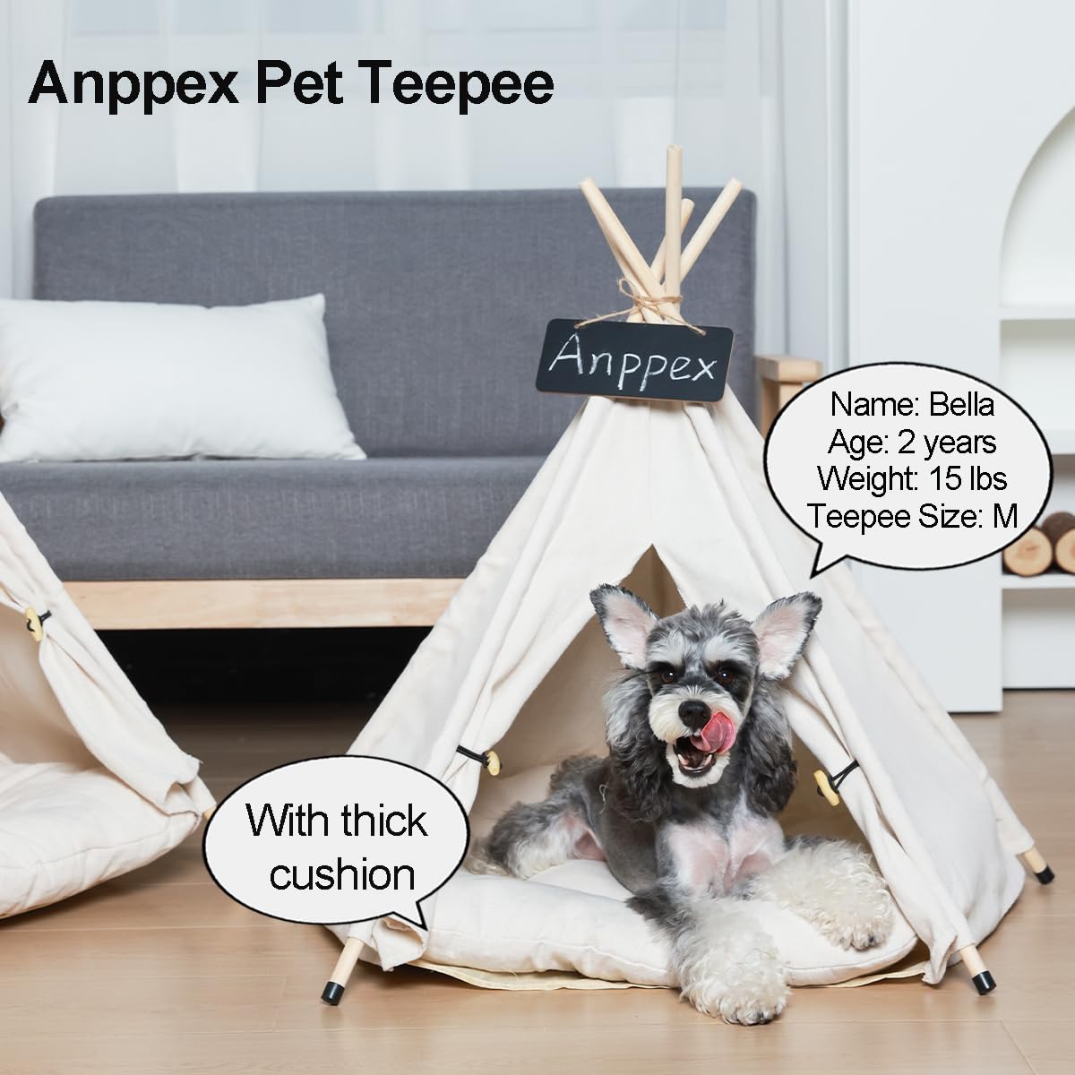 Anppex 24-Inch Dog Teepee Tent Indoor,M Size Pet Tent Bed For Small Dogs And Cats,Indoor Dog House With Thick Cushion,White