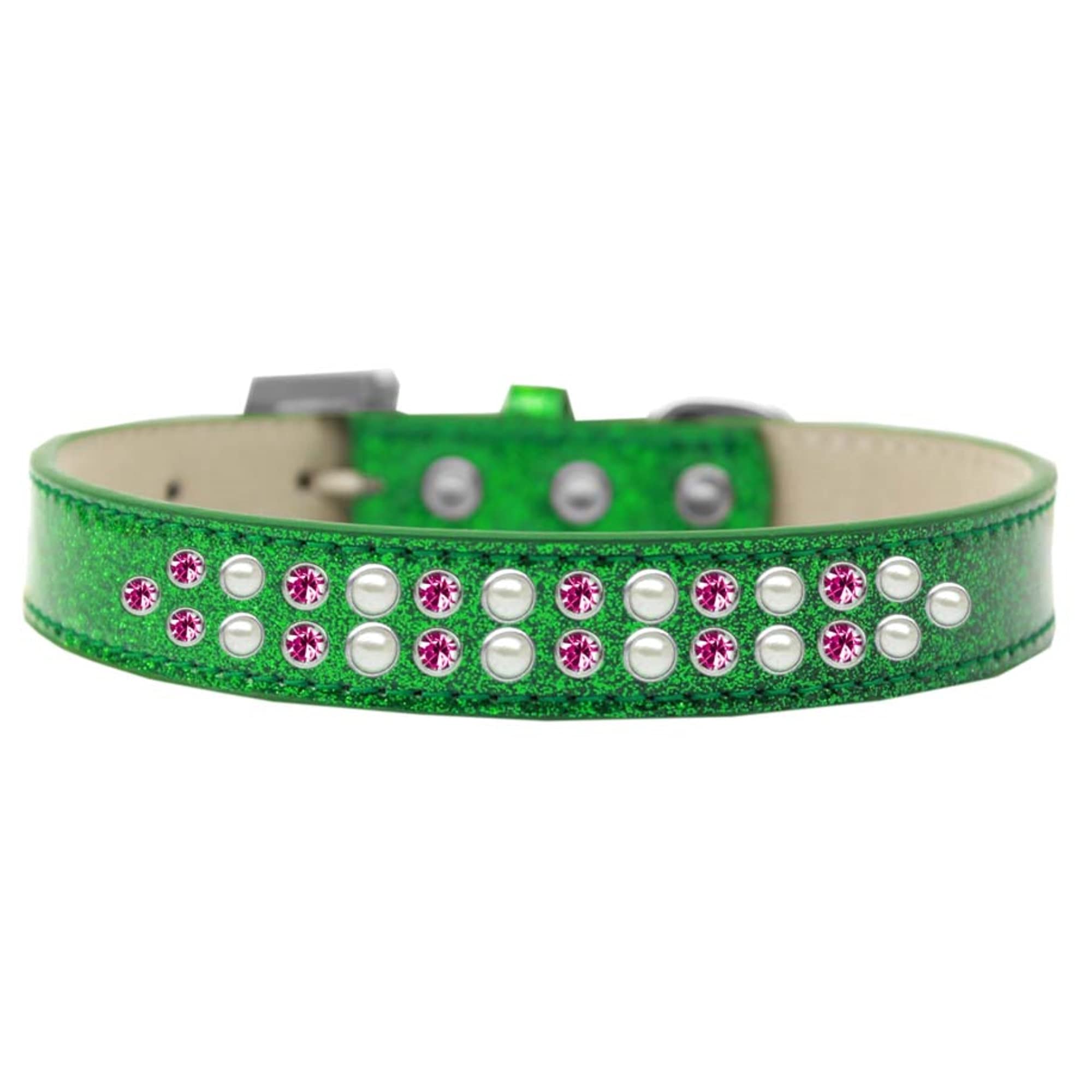 Mirage Pet Products Two Row Pearl and Pink Crystal Ice Cream Dog Collar, Size 16, Emerald Green