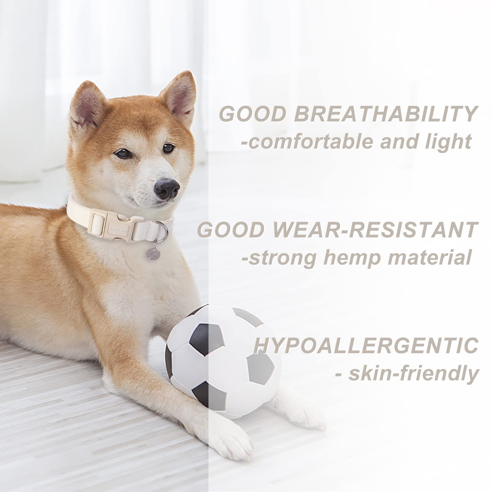 Dogwong Cotton Hemp Dog Collar, Heavy-Duty Adjustable Soft Natural Fabric Pet Collar - Cute Wedding Puppy Necklace For Small To