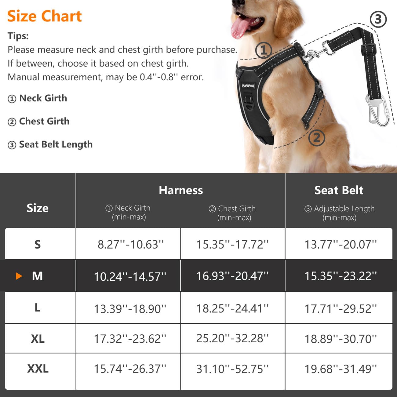 Vavopaw Dog Seat Belt, Safety Vest Dog Car Harness With Reflective Strip & Adjustable Buckle Dog Seat Belt For Vehicle Nylon Pet Safety Seat Belts Heavy Duty(M, Carbon Black)