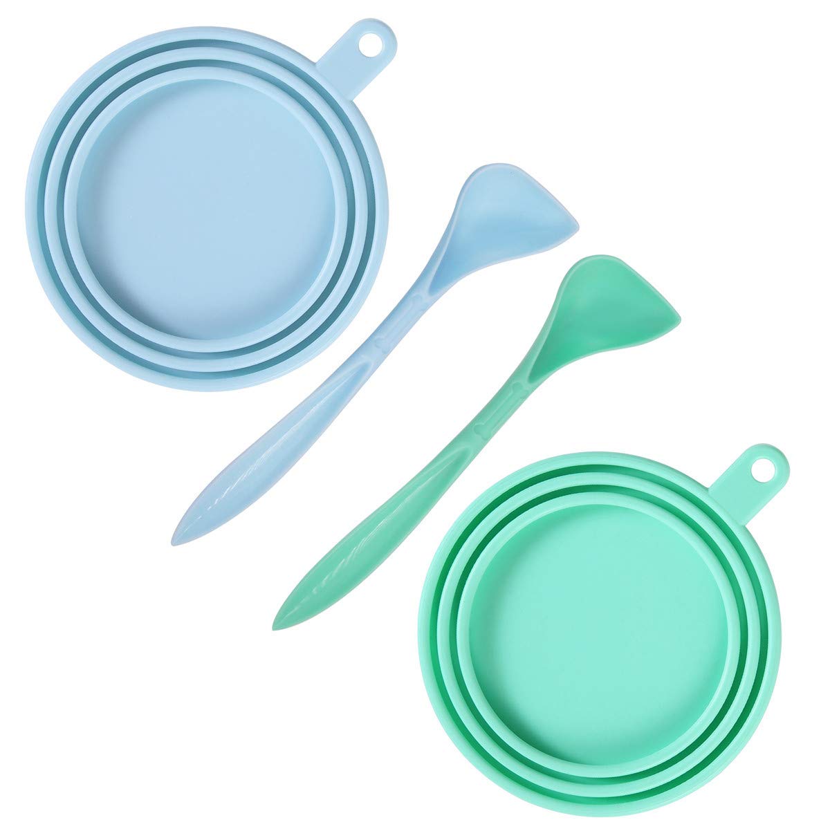 Slson 2 Pack Pet Food Can Cover Universal Silicone Cat Dog Food Can Lids 1 Fit 3 Standard Size Can Tops With 2 Spoons,Light Blue And Green