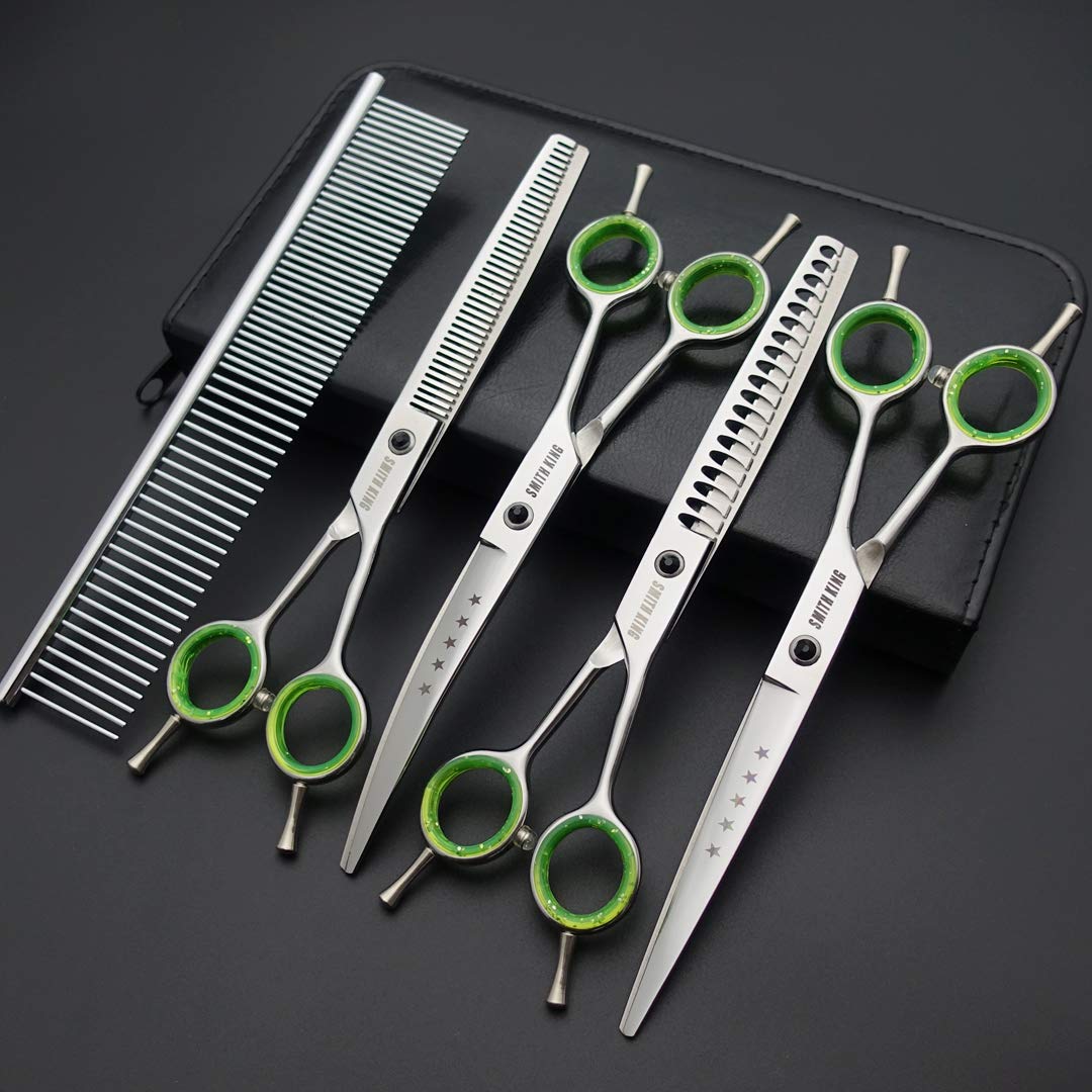 7.0 Inches Professional Dog Grooming Scissors Set Straight & Thinning & Curved & Chunkers & Comb 5Pcs In 1 Set For Left-Handed & Right Handed
