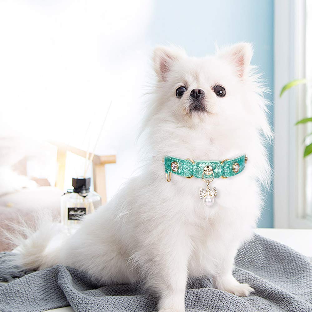 Petshome Cat Collar, Dog Collar, [Bling Rhinestones] Pu Leather Adjustable Pet Collar With Luxury Pendant For Cat And Small Dog Extra Small Mint Green