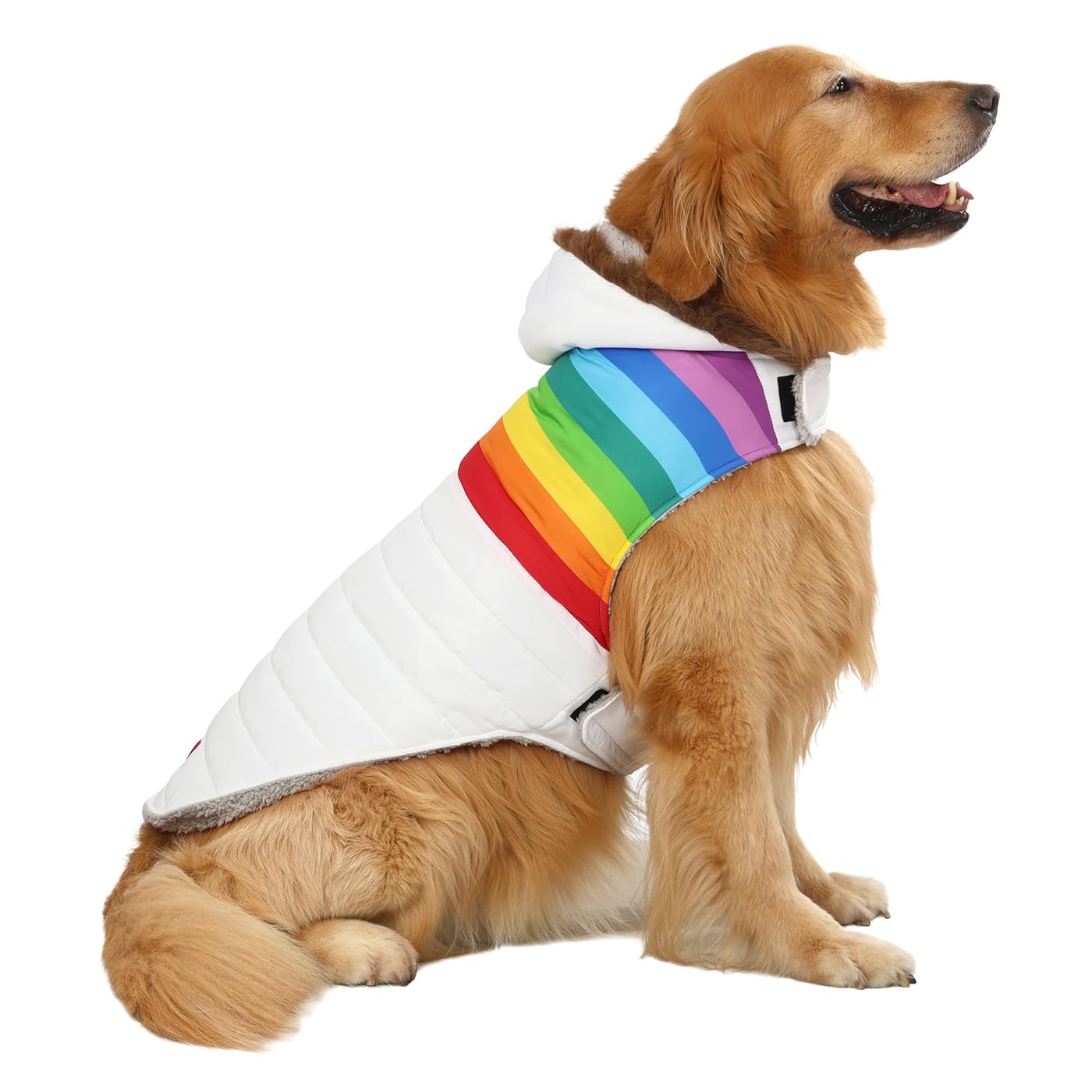 Hde Dog Puffer Jacket Fleece Lined Warm Dog Parka Winter Coat With Harness Hole White Rainbow Stripe - L