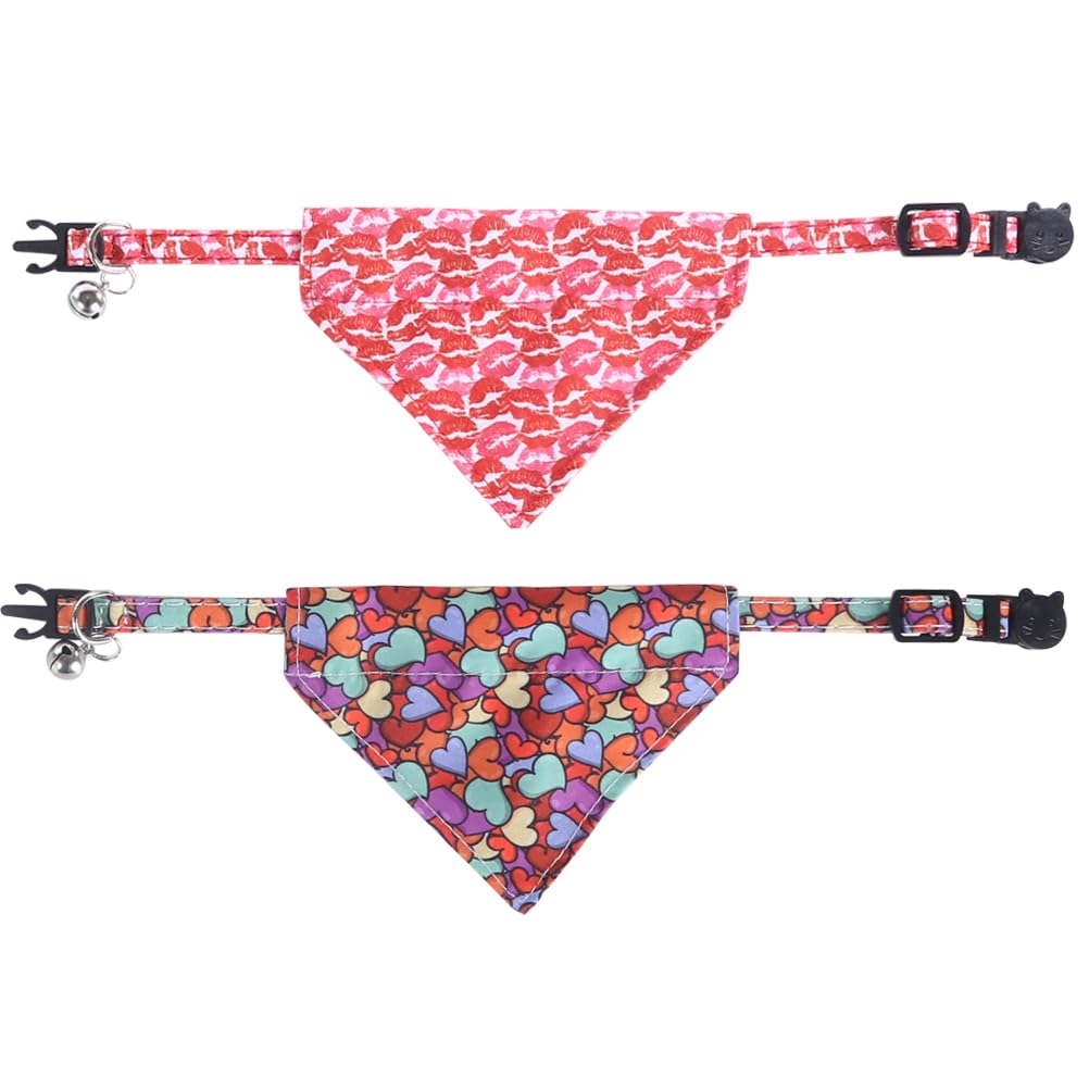 Valentine'S Day Cat Collar Breakaway With Cute Bandana And Bell For Kitty Adjustable Safety Love Heart