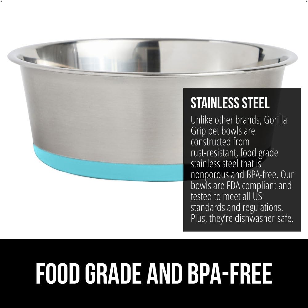 GORILLA GRIP Set of 2 Dog Bowls, Holds 8 Cups (64 fl oz), Heavy Duty Metal Food and Water Bowl for Feeding Dogs and Cats, Dishwa