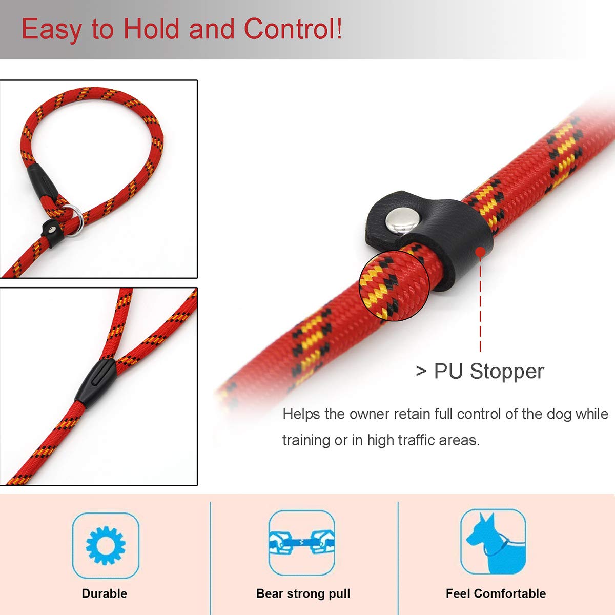 Dog Rope Leash, 5 Ft Pet Slip Lead, Dog Training Leash, Standard Adjustable Pet Nylon Leash For Small Medium Dogs 10-80 Lb Walking(Red)