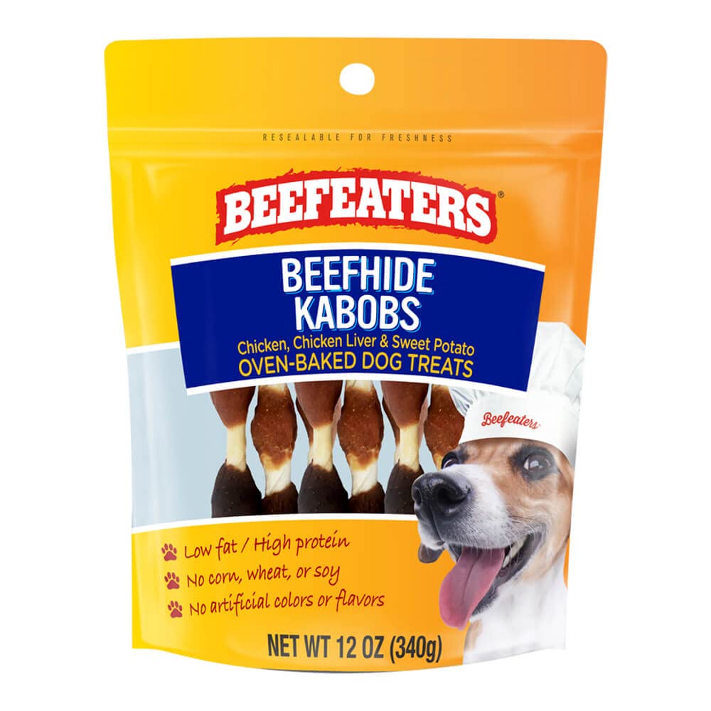 Beefeaters Beefhide Kabobs 12oz - Dog Treat. Triple Flavor with Real Chicken, Liver & Sweet Potato, Long-Lasting Chew, Supports 