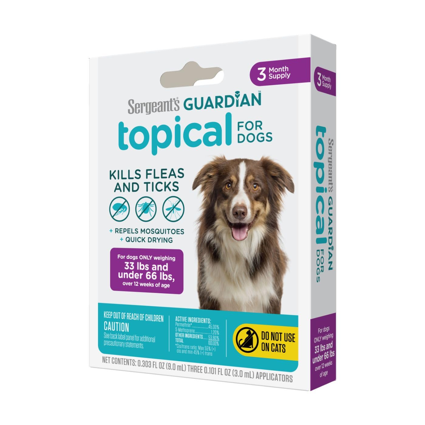 Sergeant s Guardian Flea & Tick Squeeze On Topical for Dogs, 33-66 lbs., 3 Count