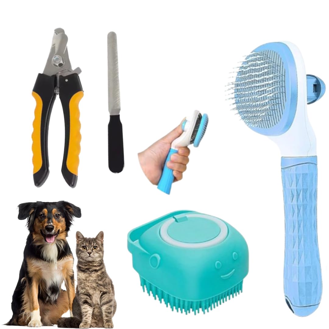 3In1 Pet Grooming Kit With Nail Clippers, Shampoo Dispensing Brush, Silicone Massage Brush, Suitable For All Size Dogs And Cat