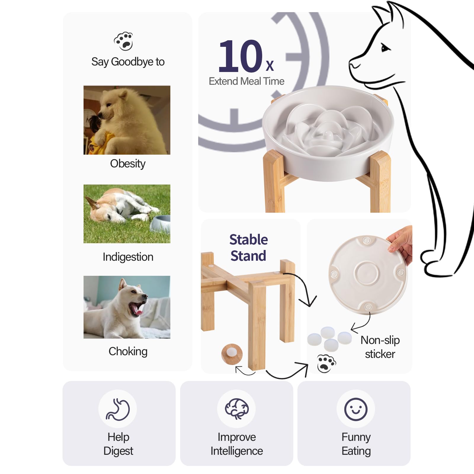 White Ceramic Dog Bowl Slow Feeder for Medium and Large Breed, Elevated/Raised 1.5 Cup 8.26 in Slow Feeding Bowl,Puzzle Dog Food
