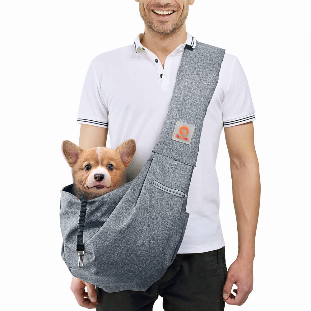 Tomkas Small Dog Sling Carrier - Zipper Pocket & Adjustable Strap - For 8-15 Lbs Pets(Grey)