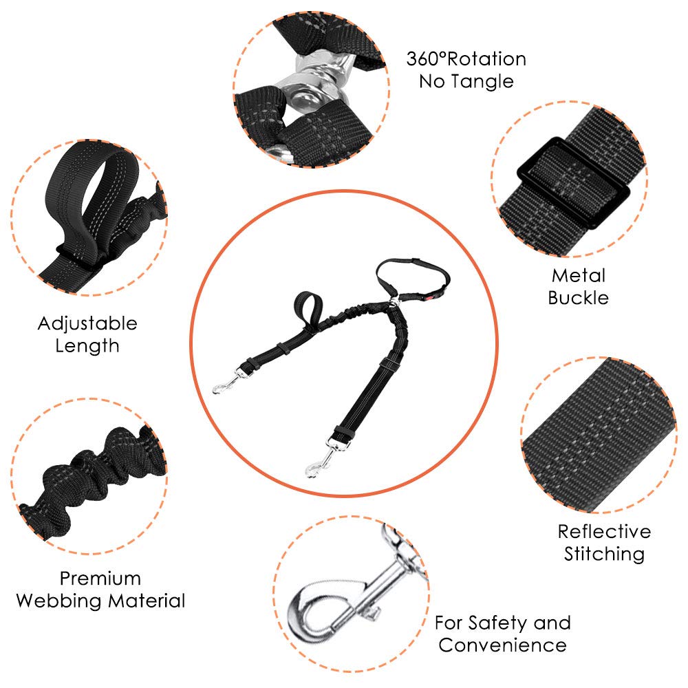 Autowt Double Dog Seat Belt, New Dual Pet Car Headrest Restraint Safety Seatbelt No Tangle Dog Leash Duty Adjust Elastic Bungee Puppy Lead Splitter Connect Harness In Vehicle Travel For 2 Dogs