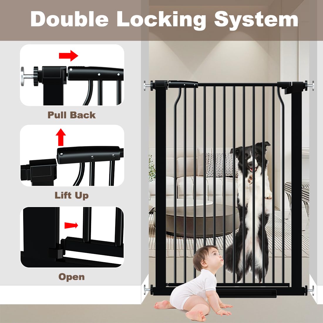 THEYFIRST Extra Tall Dog Gate - 57.5"-60.2" Pressure Mounted Metal Walk Thru Pet Gate, Auto Close, Black