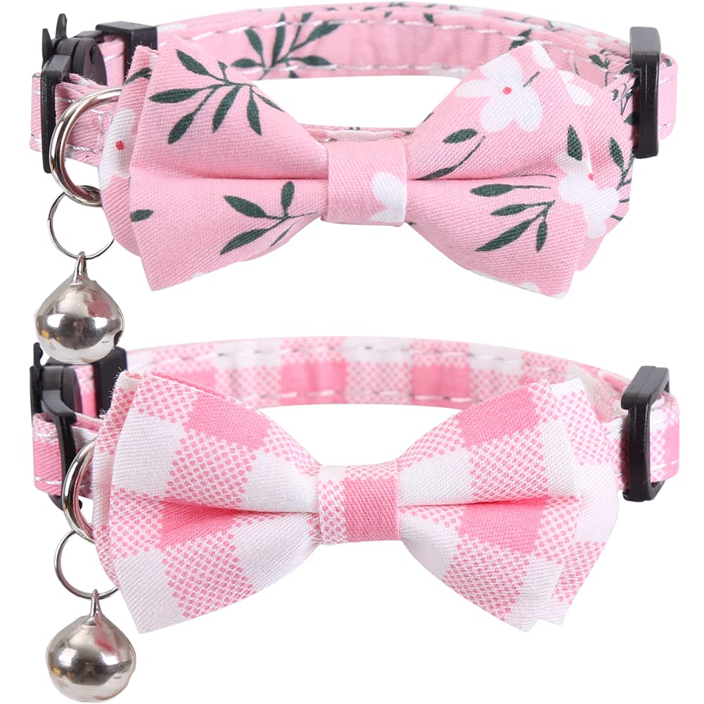 2 Pack/Set Cat Collar Breakaway With Cute Bow Tie And Bell Plaid Flower For Kitty Adjustable Safety