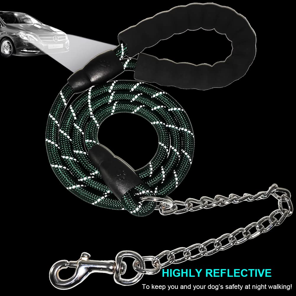 Btinesful 6Ft Chewproof Dog Leash, Strong Nylon Rope With Anti-Chewing Chain And Padded Handle For Medium Large Dogs Outdoor Training Walking Hiking Dark Green