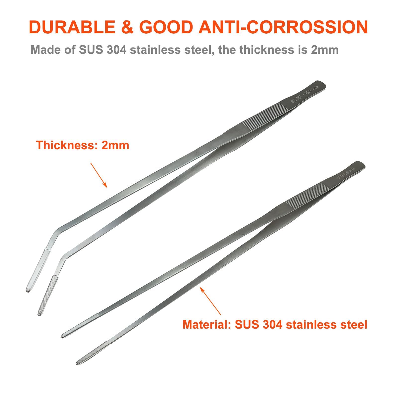 Extra Long Tweezers with Rubber Cover Tips, Fecsam Feeding Tongs - 2 Pack/18.9 inch Aquarium Stainless Steel Large Aquascape Too