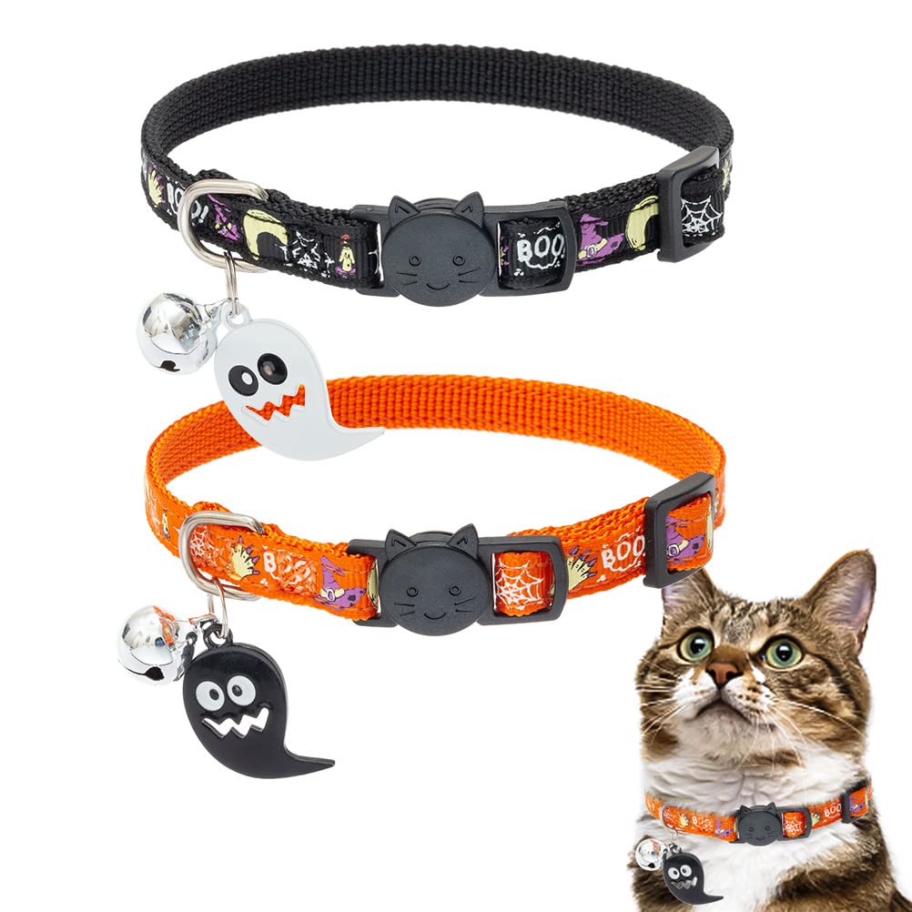 Expawlorer Halloween Cat Collar Breakaway - Glow In The Dark Holiday Pet Puppy Collar With Bell And Cute Ghost Pendant, Ideal Gift Adjustable Safety Collars For Cats, 2 Pack